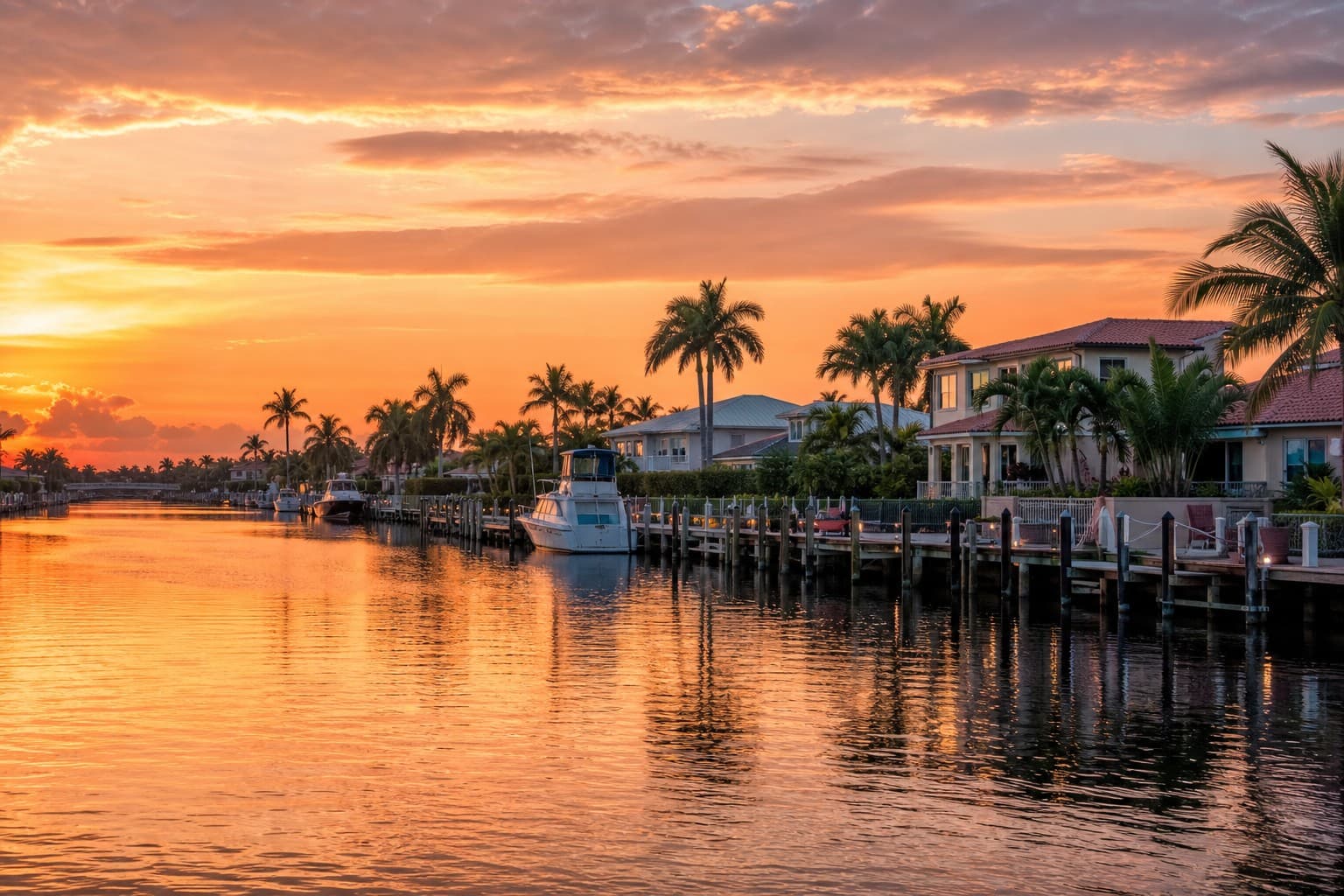 Boynton Beach Florida waterfront at sunset with docks and canal homes